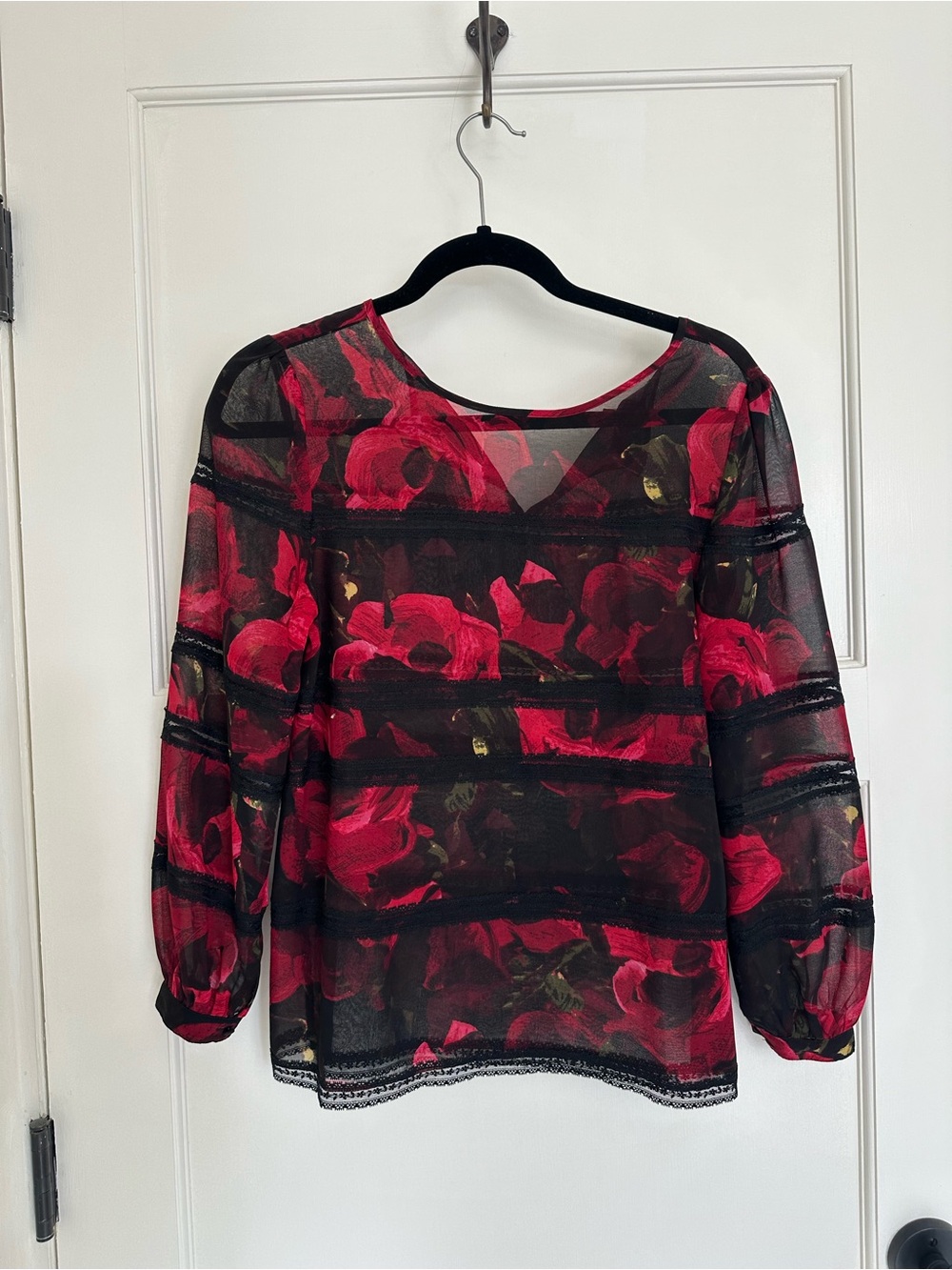 PJK Patterson J. Kincaid Black Sheer Blouse with Red Floral Print